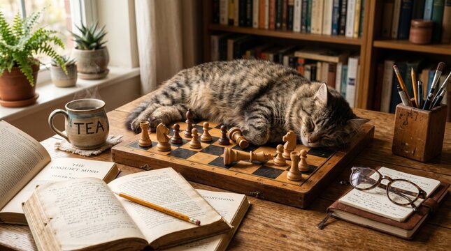 Cozy Study Scene with Sleeping Cat on Chessboard and Vintage Desk Objects