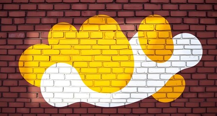Obraz premium Bright Yellow and White Cloud-shaped Graffiti on Red Brick Wall, Urban Street Art, Creative Wall Design, Colorful Mural, Artistic Expression, Modern Graffiti, Eye-catching Wall Art, Urban Decor