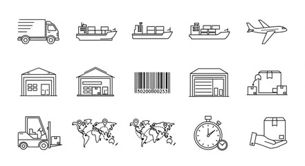 Fototapeta premium Logistics and transportation icons representing global shipping and delivery services.