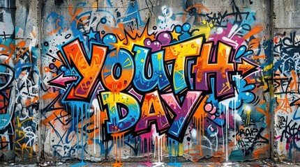 Obraz premium Bold graffiti-style “Youth Day” lettering on textured abstract wall background, vibrant spray paint effects, dripping colors, urban artistic feel, no characters