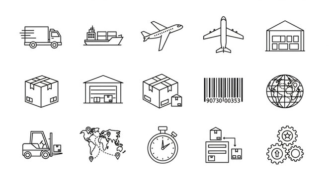 Logistics and transportation icons representing global shipping and delivery services.