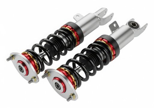 A pair of red and black suspension springs with white mounting brackets on a white background