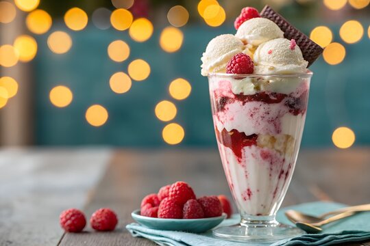 A delightful raspberry and vanilla ice cream sundae stands tall in a clear glass goblet, perfectly layered with creamy white scoops, vibrant red raspberry swirls, and fresh whole berries crowning the 