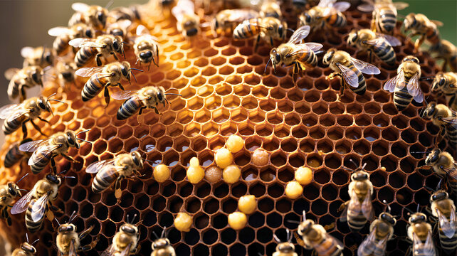 Honeybees working together on honeycomb in beehive, showcasing sustainable honey production