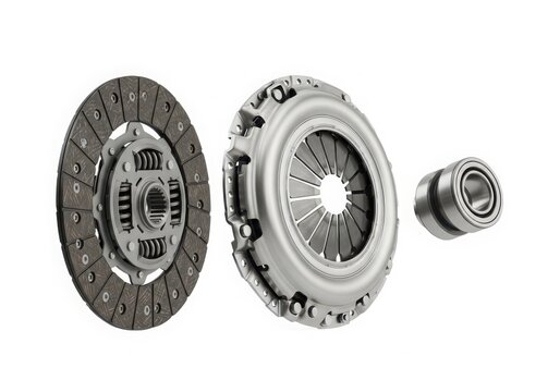 A clutch assembly with a pressure plate, disc, and throwout bearing for automotive use.
