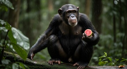 Obraz premium Chimpanzee Holding Guava in Light Rain – Cinematic Wildlife Scene with Wet Fur, Floating Droplets, Moody Jungle Lighting, Ultra Realistic 8K Nature Photography Detail