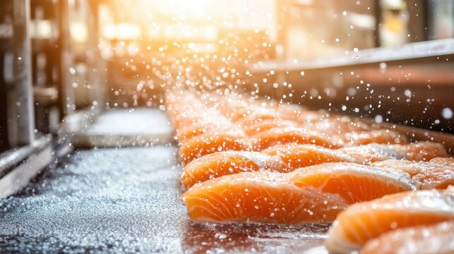 Close up of salmon slices being precisely processed
