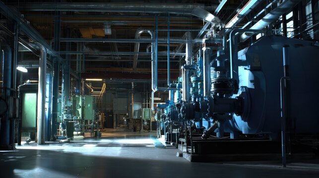 Industrial power plant interior with complex machinery and piping