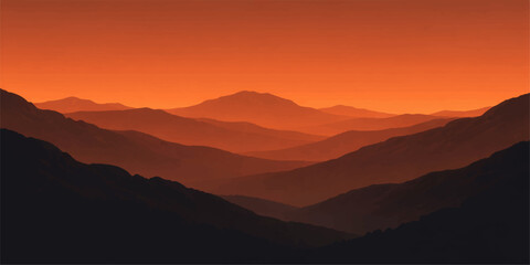 Obraz premium Orange sunset mountain background: dramatic layered silhouettes with glowing horizon, deep shadows and warm fiery sky creating a bold atmospheric landscape