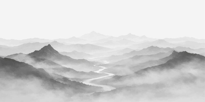 Monochrome mountain valley scene: mist covered peaks with winding river through layered hills, soft foggy depth and minimalist grayscale landscape background