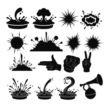 Comic Book Action Elements and Slapstick Humor Silhouette Icon Set