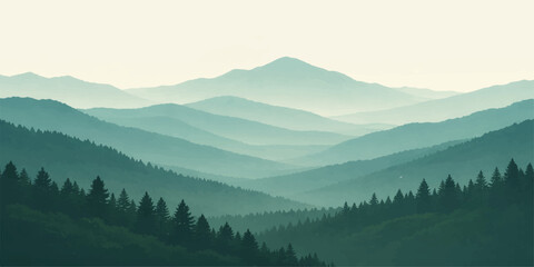 Obraz premium Green mountain forest landscape: layered misty hills with pine tree silhouettes, soft atmospheric depth and calming natural scenic background