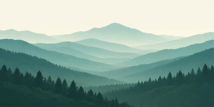 Green mountain forest landscape: layered misty hills with pine tree silhouettes, soft atmospheric depth and calming natural scenic background