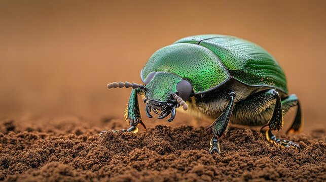 Close-up of Emerald Green June Beetle on Brown Soil