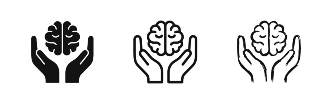 Mental Health Icons, Hands Holding Brain Symbols in Solid Outline and Hand-Drawn Styles