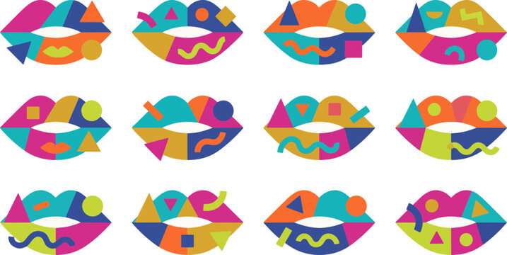 Vibrant multicolored lips in abstract shapes on white background