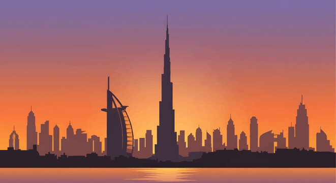 Dubai skyline sunset cityscape modern architecture illustration