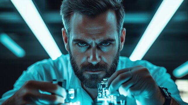 Experienced male worker soldering electronics in lab setting