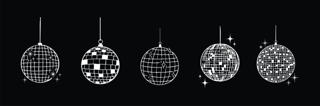 Set of hand drawn disco ball icon, doodle style, vector doodle icon. Disco Globe Ball Vector Icon Vector Glitter Set. Disco Mirror Ball Light for Party or Club Kit. For wedding, graduation party