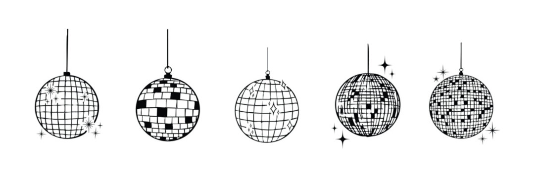 Set of hand drawn disco ball icon, doodle style, vector doodle icon. Disco Globe Ball Vector Icon Vector Glitter Set. Disco Mirror Ball Light for Party or Club Kit. For wedding, graduation party