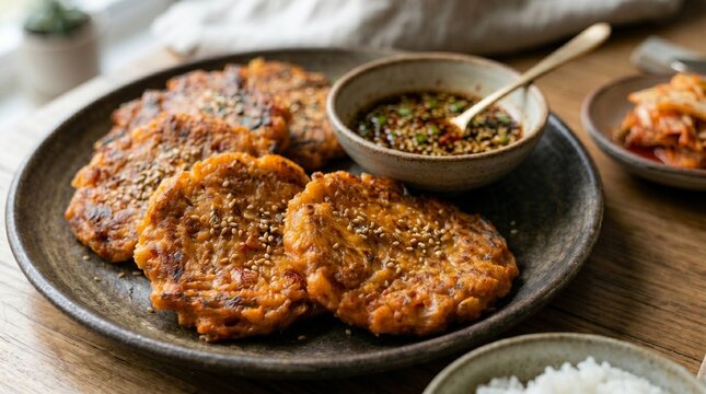 A delicious close-up of crispy Korean Kimchi pancakes (Kimchijeon) topped with sesame seeds, served with a savory dipping sauce, fresh kimchi, and steamed rice.