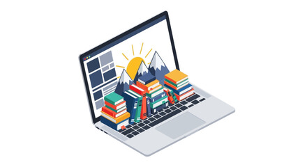 Obraz premium Isometric E-learning and Digital Library Concept: Laptop with Stacks of Books and Mountain Landscape for Online Education and Knowledge