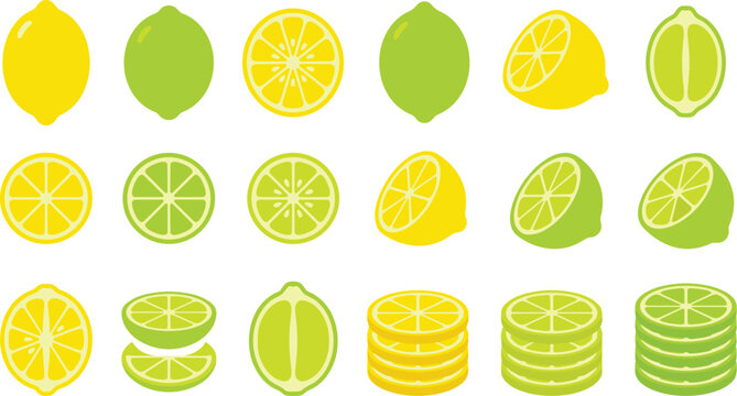 Lemon and Lime Icon Set Vector Illustration Featuring Whole Citrus Fruits Cross Sections Slices and Stacks for Fresh Food Design Juice and Healthy Diet Concepts