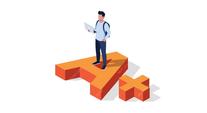 Male student with laptop standing on large A plus grade symbol. Concept of academic excellence, top performance, and successful online education. Vector illustration.