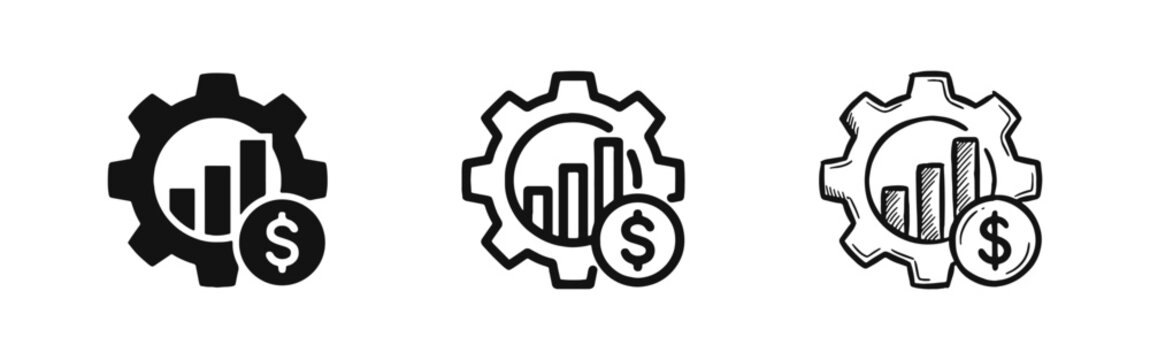 Financial Settings Icons, Gear with Bar Chart Symbols in Solid Outline and Hand-Drawn Styles