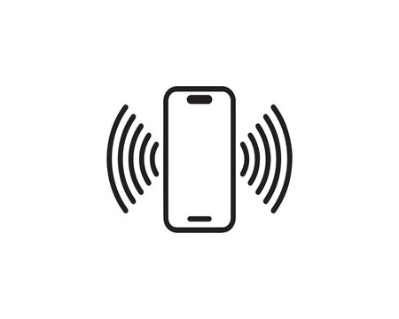 Minimalist black smartphone icon with curved vibration lines on both sides, flat vector style, geometric outline, symbolizing ringing or notification alert on white background
