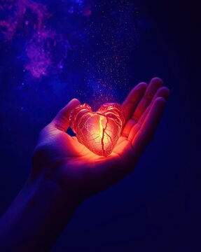 Warmly lit heart rests in cupped palm against cosmic backdrop
