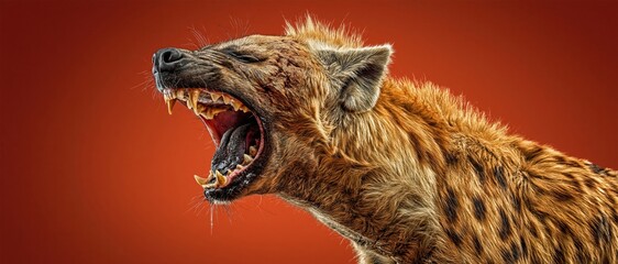 Obraz premium Cinematic side profile of a spotted hyena snarling on a bright orange background