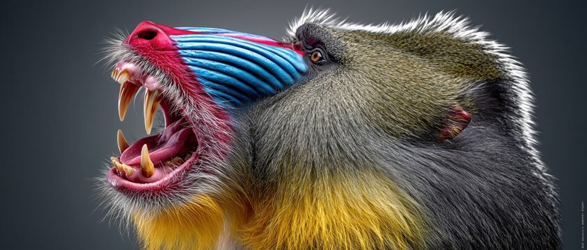 Cinematic side profile of a mandrill yawning or roaring on a gray background