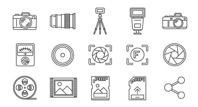 Photography equipment collection, various tools for capturing images, artistic photography tools.