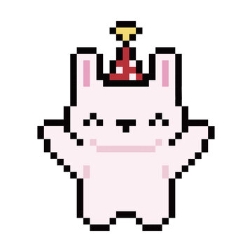 Pixel art cute white rabbit with red party hat illustration