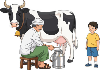 Traditional farmer milking a dairy cow by hand into a metal can while a young boy watches nearby, village farm life vector illustration isolated on white. © Maslima