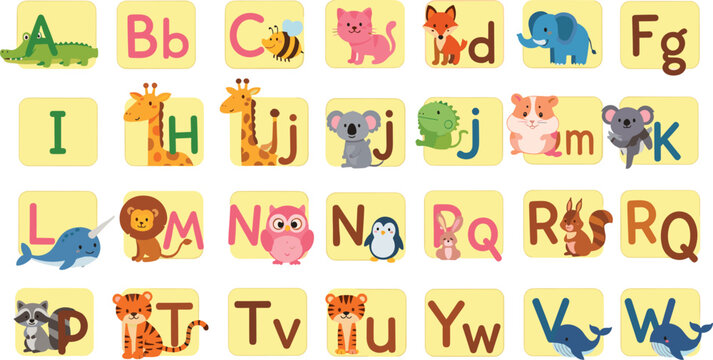 Cute Animal Alphabet Flash Cards with Colorful Letters and Cartoon Zoo Creatures for Kids Education, Nursery Wall Art, Preschool Learning, and Children Book Illustrations