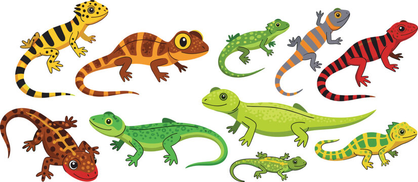 Colorful Cartoon Lizard Set with Various Species, Bright Patterns, and Unique Designs for Animal Illustrations, Reptile Graphics, and Wildlife Artwork