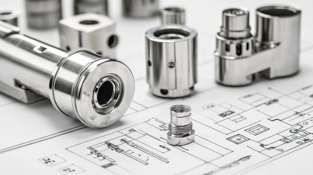 Industrial components arranged on blueprint for design