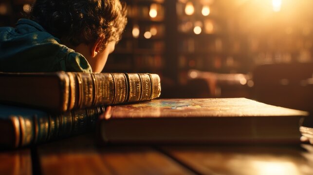 Person studying books on wooden table in library with warm sunlight