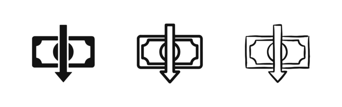 Financial crisis icon set showing a banknote with a downward arrow in silhouette, line, and hand-drawn styles.