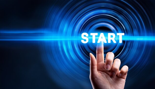 a hand pressing glowing blue start button