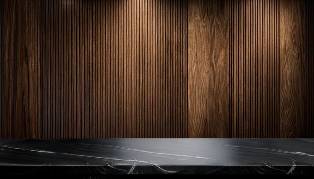 black kitchen countertop on wooden wall panels made of vertical slats empty stone tabletop for luxury beauty and bar products presentation