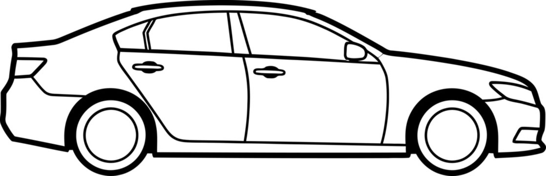 Black and white side view outline of a four-door sedan car