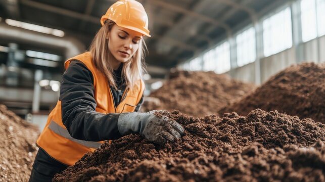 Female worker inspecting moisture levels of a compost biofilter