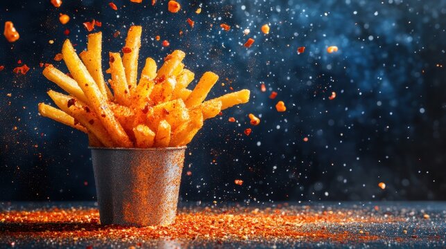 Golden French Fries Cascading From A Bucket With Spices