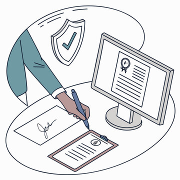 Signing a document on a computer with security icon flat design document contract agreement business signature clipboard computer certificate protection security guarantee verification