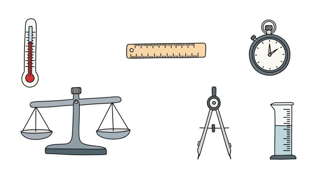 Essential Measurement Instruments: This image features a selection of indispensable tools utilized for precise measurements, including a thermometer, ruler, stopwatch, scales, compass.
