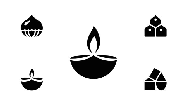 Black and white traditional diya oil lamp icons set with decorative patterns Vector