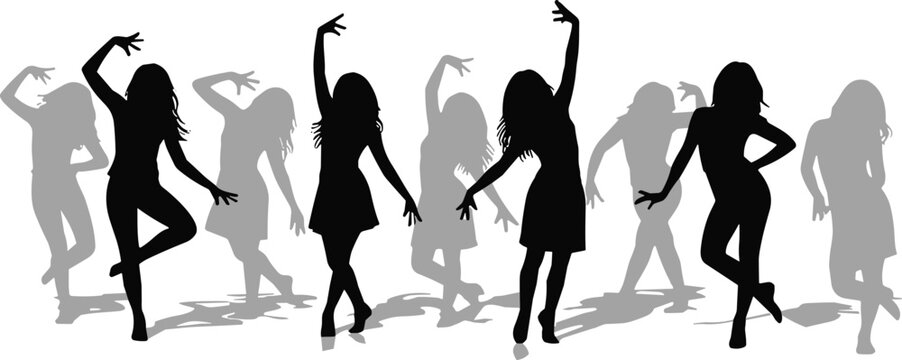 Group of female silhouettes dancing in stylish poses with shadow overlay isolated on white background representing movement, fashion, energy and modern lifestyle